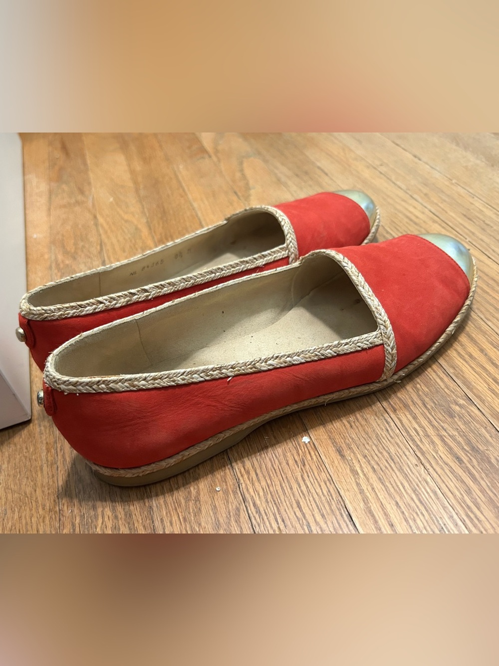 Stuart Weitzman Red Suede Espadrille Flats with Metallic Silver Toe